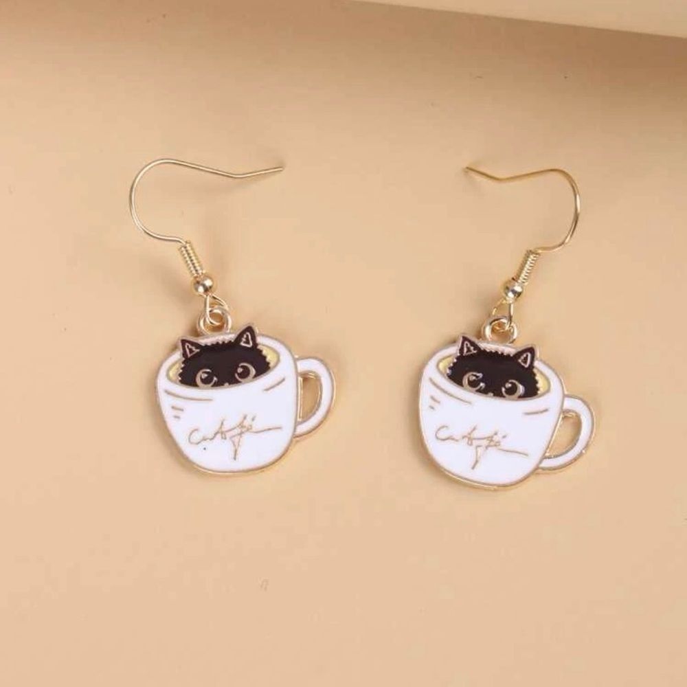 Cat Coffee Teacup Black and White Drop Earrings